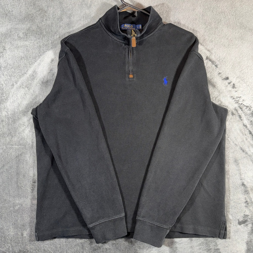 Polo Ralph Lauren Mens Black Quarter Zip Pullover Cotton Sweater Blue Pony L